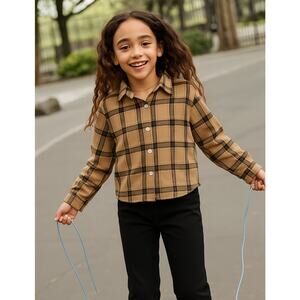 Girls SHEIN Cropped Plaid Button-Up Flannel Shirt Tan/Black – Size 11-12Y